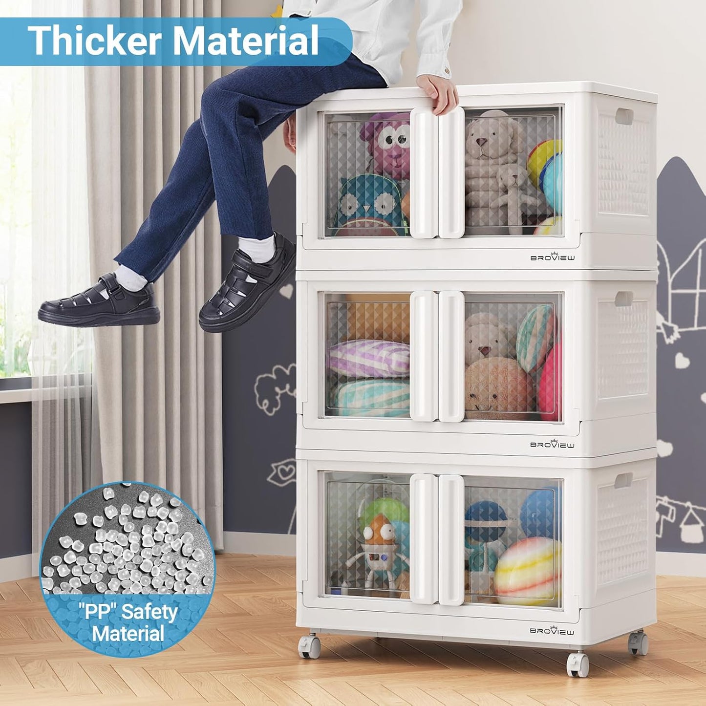 BROVIEW 400 Qt Stackable Storage Bins with Lids & Doors, 4 Pack Plastic Closet Organizer and Storage Drawers with Wheels, Large Collapsible Storage Boxes, Cabinet for Home, Office, V10, White