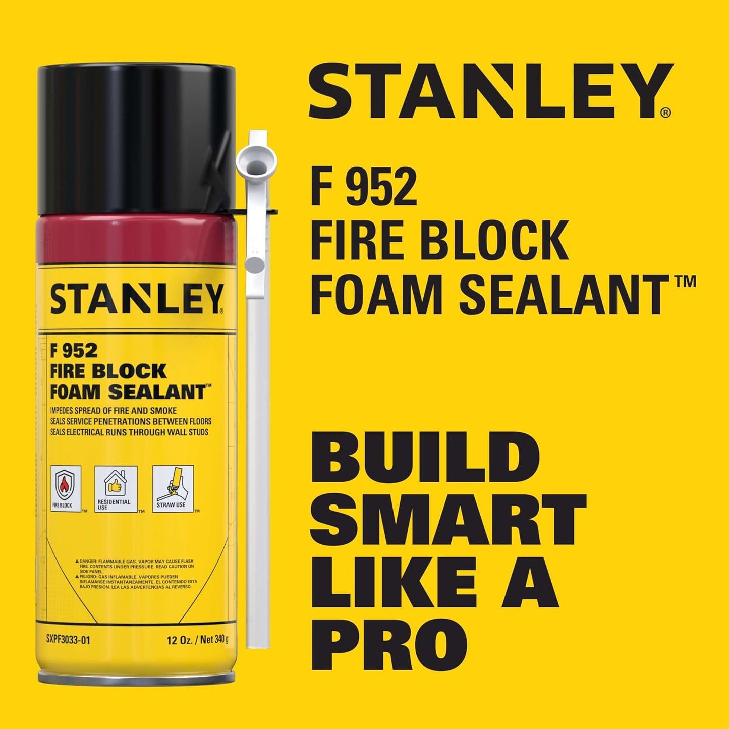 Stanley F952 Fire Block Spray Foam – (2x12oz) Fire Rated Expanding Polyurethane Foam Sealant for Gap Filling & Sealing on Doors, Windows, Walls, Pipes & Joints – Indoor/Outdoor Straw Use | 2 Pack