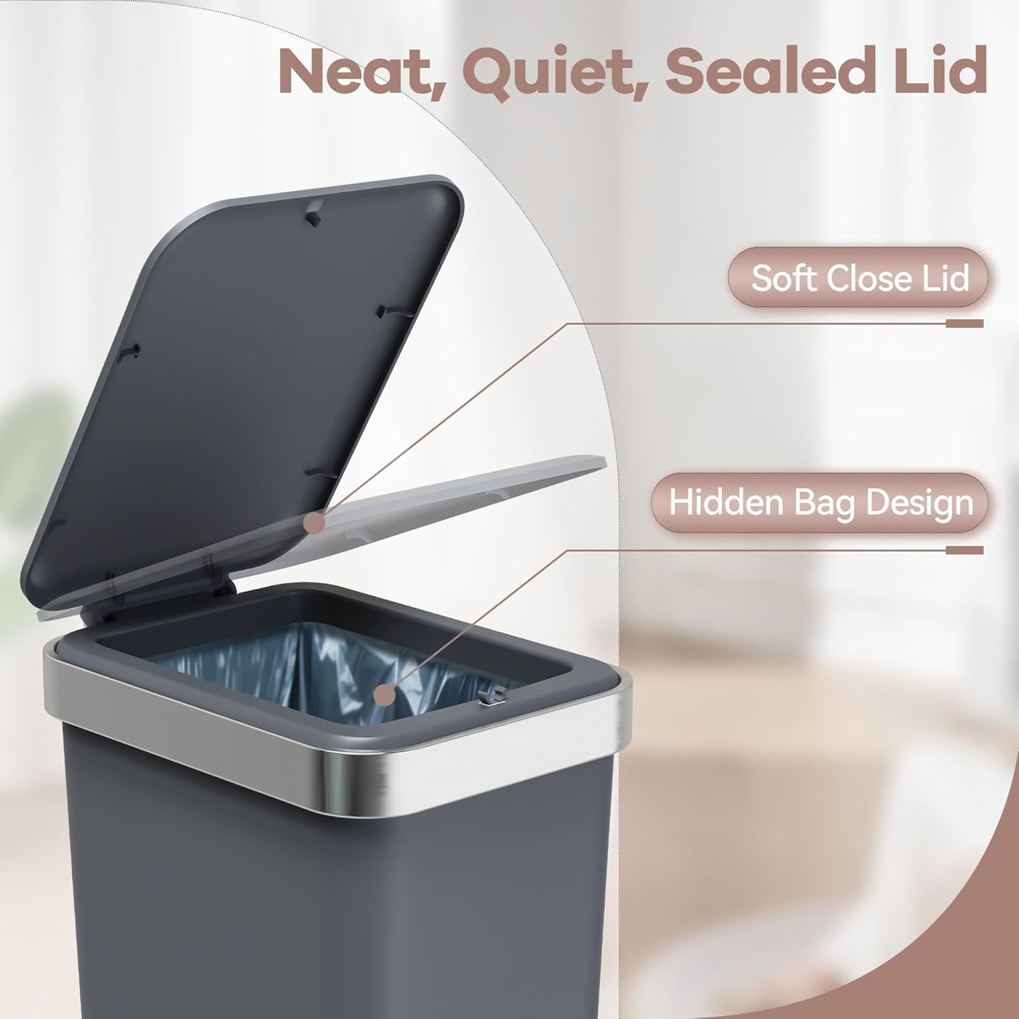 Small Bathroom Trash Can with Lid Soft Close, 10 Liter/2.6 Gallon Slim Garbage Can-Metal Step and Press top Lid, Mini Modern Waste Basket for Toilet, Office, Bedroom,Dorm,Dark Gray