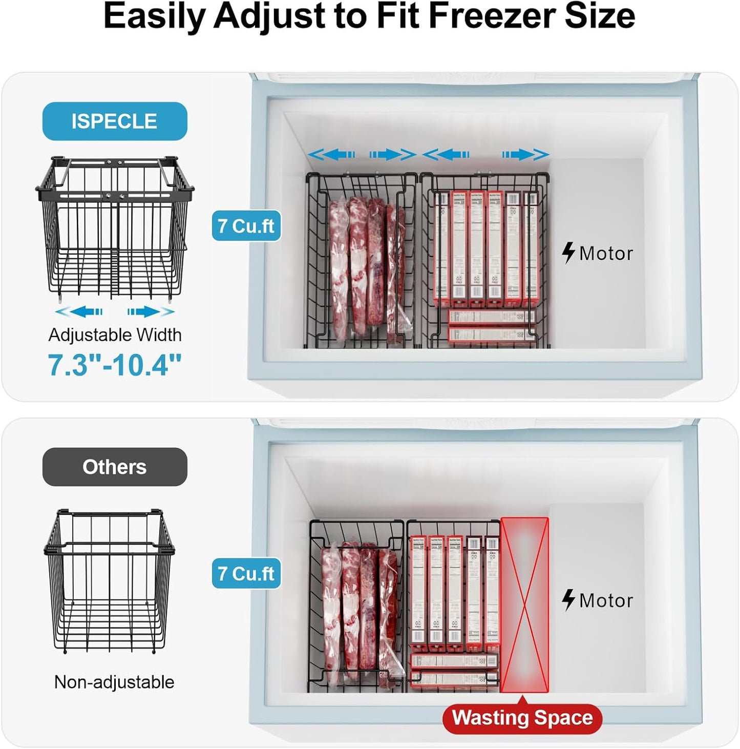 iSPECLE Freezer Organizer Bins - 5 Pack Adjustable & Extra Large Deep Freezer Organizer Bins for 5 to 9 Cu.Ft Chest Freezer, Easy Organize Basket Store More, Stackable No Wasted Space, Black