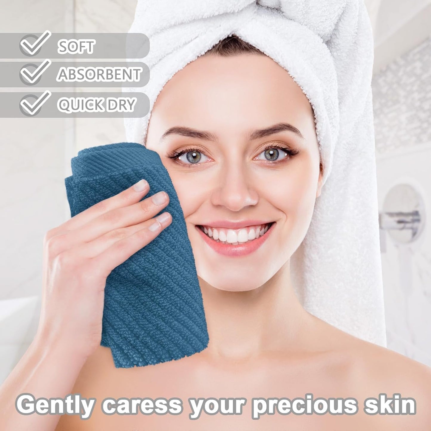 Blue Washcloths 6 Pack, 13"x13" - 100% Cotton | Lightweight | Thick | Quick Dry | Soft | Absorbent, Wash Cloths for Your Face and Body, Hand Towels for Shower, Bathroom Essentials, Denim Blue