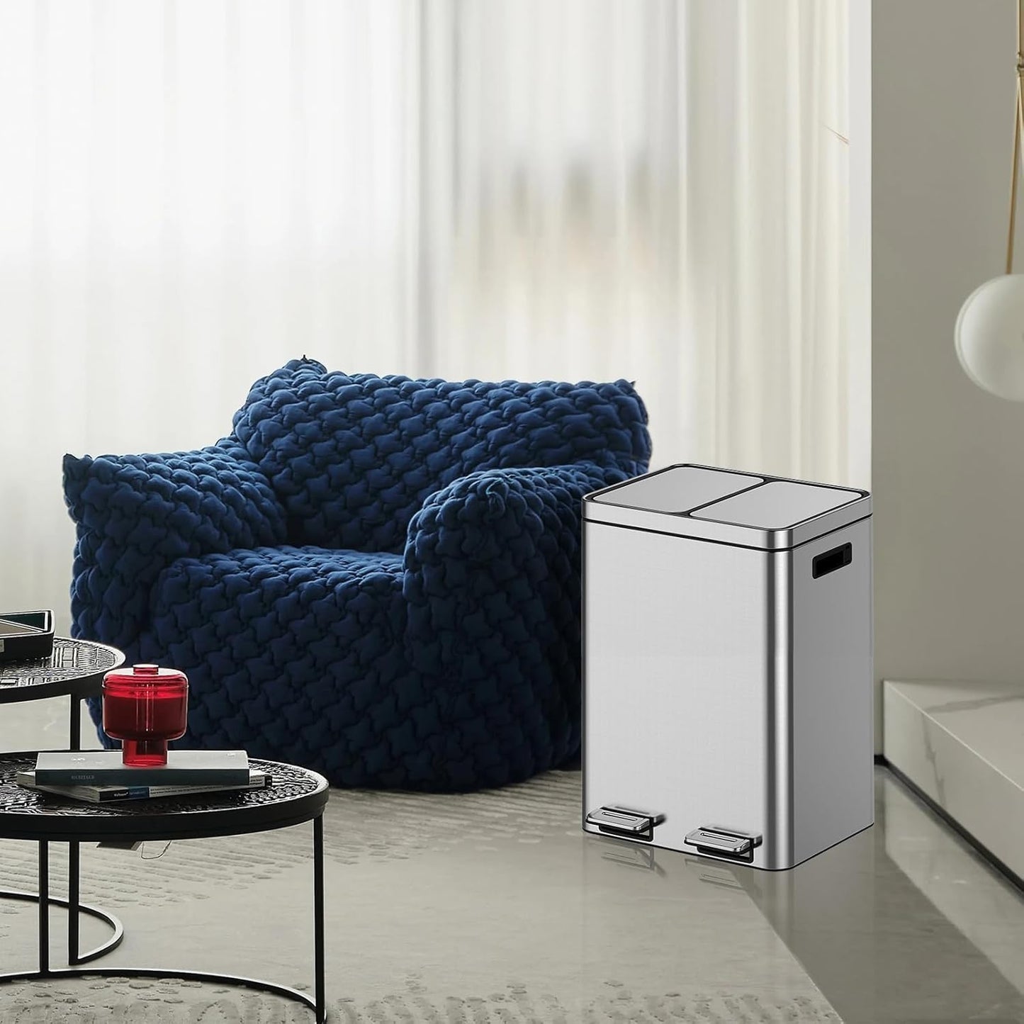 2 x 5.3 Gal (2 x 20L) Trash Can, Stainless Steel Triple Compartment Step-On Recycling Bin with Soft-Close Lids & Removable Plastic Inner Buckets for Kitchen, Home, Office