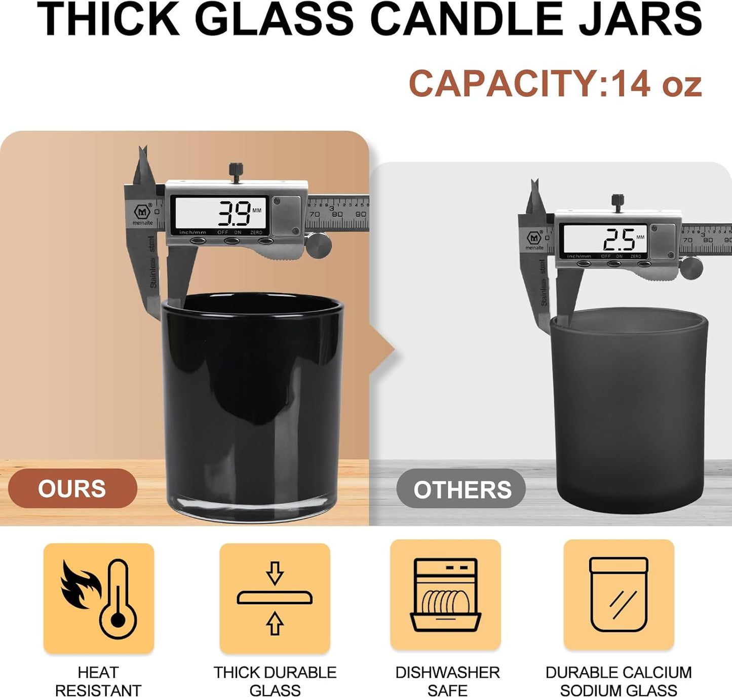 Thick Candle Jars for Making Candles 12 Pcs, 14 OZ Empty Jars with Wood Lids for Candle Making, Sample Container, Black