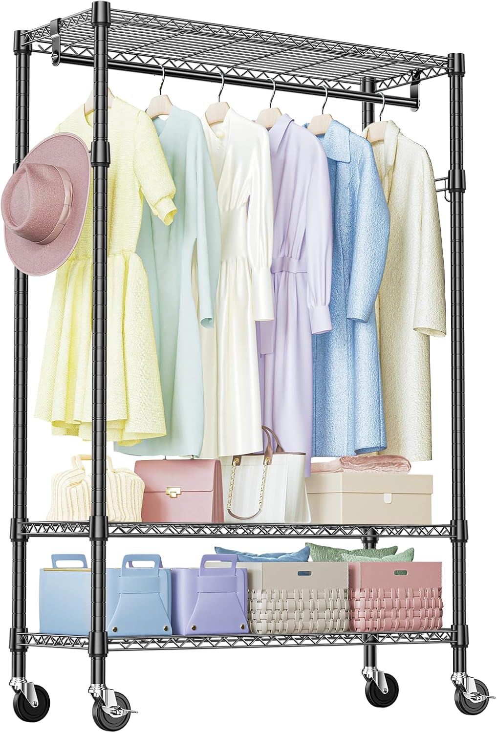 IZEUK Heavy Duty Rolling Garment Rack with 3 Adjustable Wire Shelves, 2 Hanging Rods & Side Hooks - Extra Large Mobile Clothes Rack with Wheels, 47.2" W x 17.7" D x 83.6" H, Black