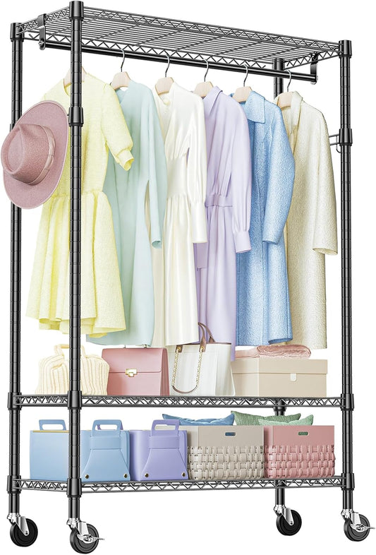 IZEUK Heavy Duty Rolling Garment Rack with 3 Adjustable Wire Shelves, 2 Hanging Rods & Side Hooks - Extra Large Mobile Clothes Rack with Wheels, 47.2" W x 17.7" D x 83.6" H, Black