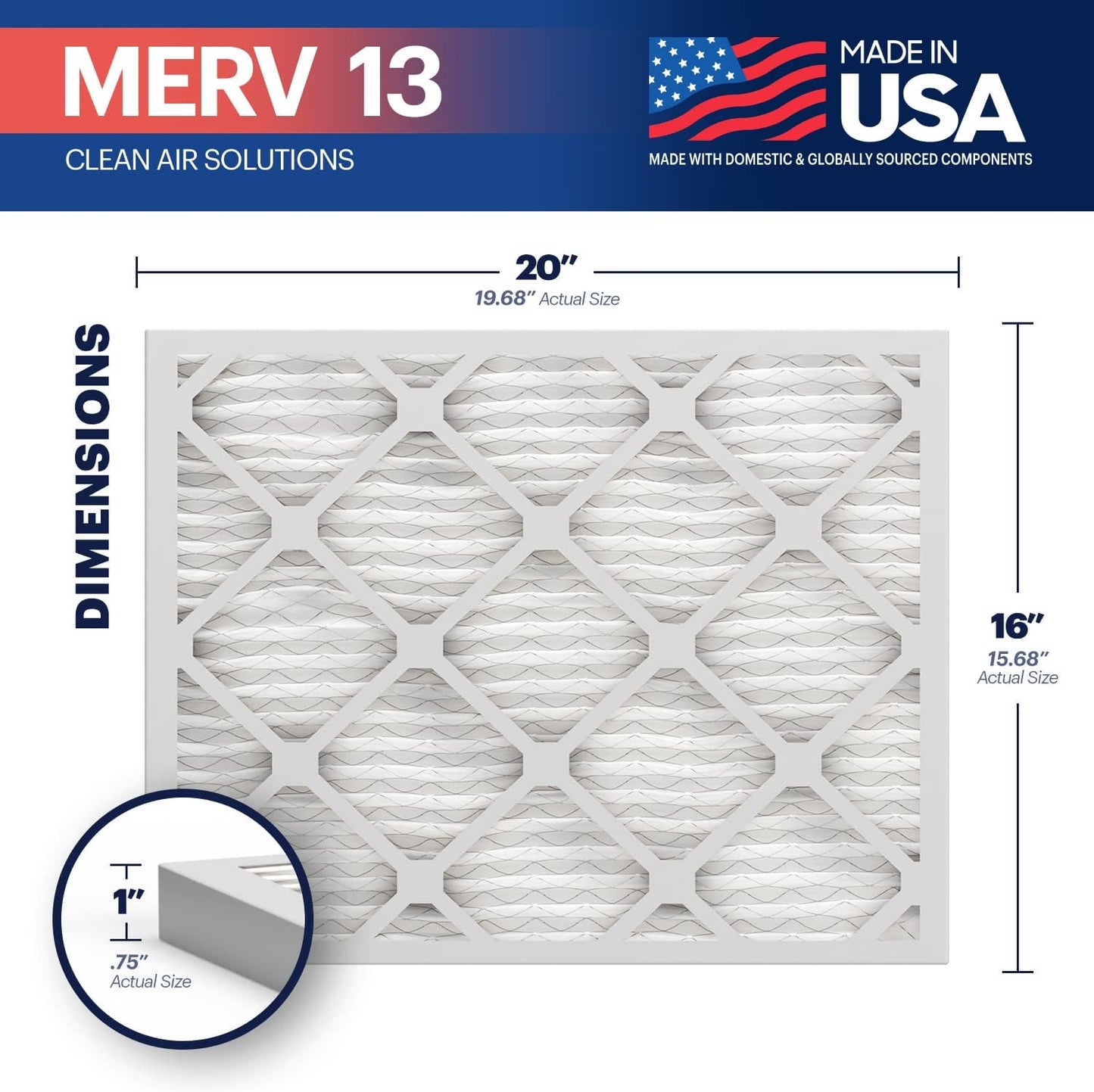 BNX TruFilter 16x20x1 Air Filter MERV 13 (6-Pack) - MADE IN USA - Electrostatic Pleated Air Conditioner HVAC AC Furnace Filters for Allergies, Pollen, Mold, Bacteria, Smoke, Allergen, MPR 1900 FPR 10
