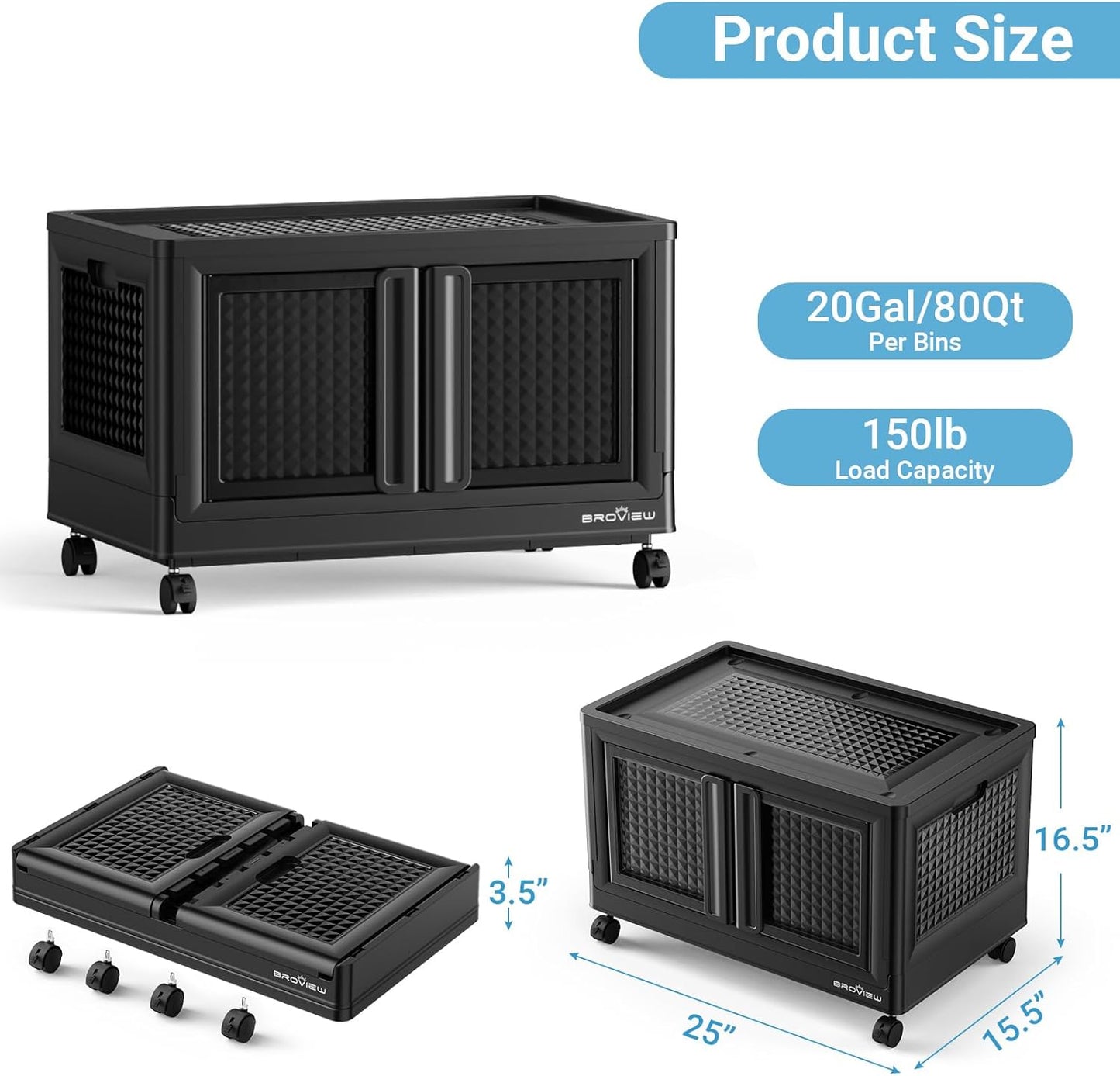 BROVIEW 100 Qt Stackable Storage Bin with Lid & Doors, 1 Pack Plastic Closet Organizer and Storage Drawer with Wheels, Large Collapsible Storage Box, Cabinet for Home, Office, V10, Black