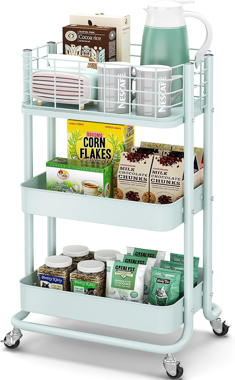 KINGRACK 3 Tier Rolling Cart, Metal Mobile Storage Shelf with Lockable Wheels, Prevent Falling Utility Trolley Cart, Storage Organizer for Kitchen, Office, Bathroom, Dorm, Green