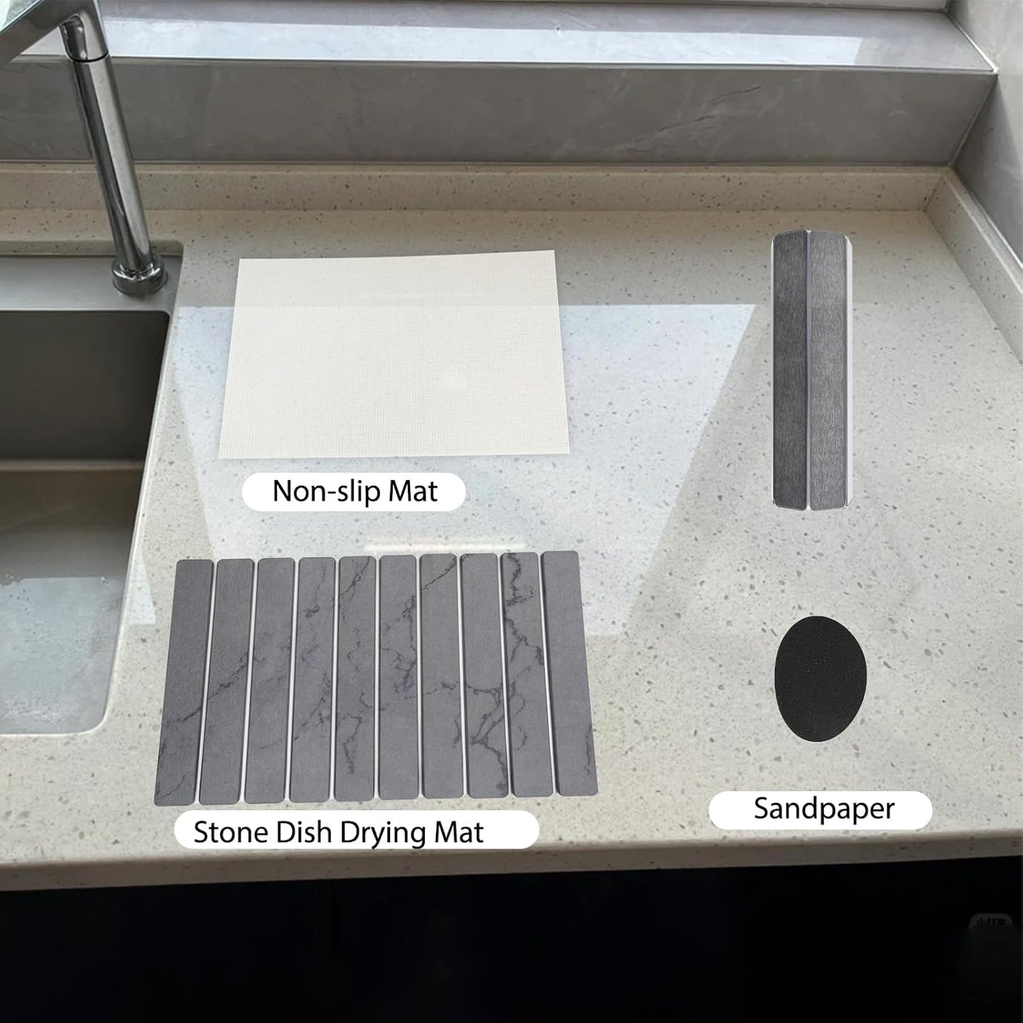 Stone Drying Mat for Kitchen Counter 24"×16" ,Large Dish Drying Mat with Drainage Grooves, Non-Slip Silicone Drying Mat, Absorbent Counter Protector for Dishes, Utensils