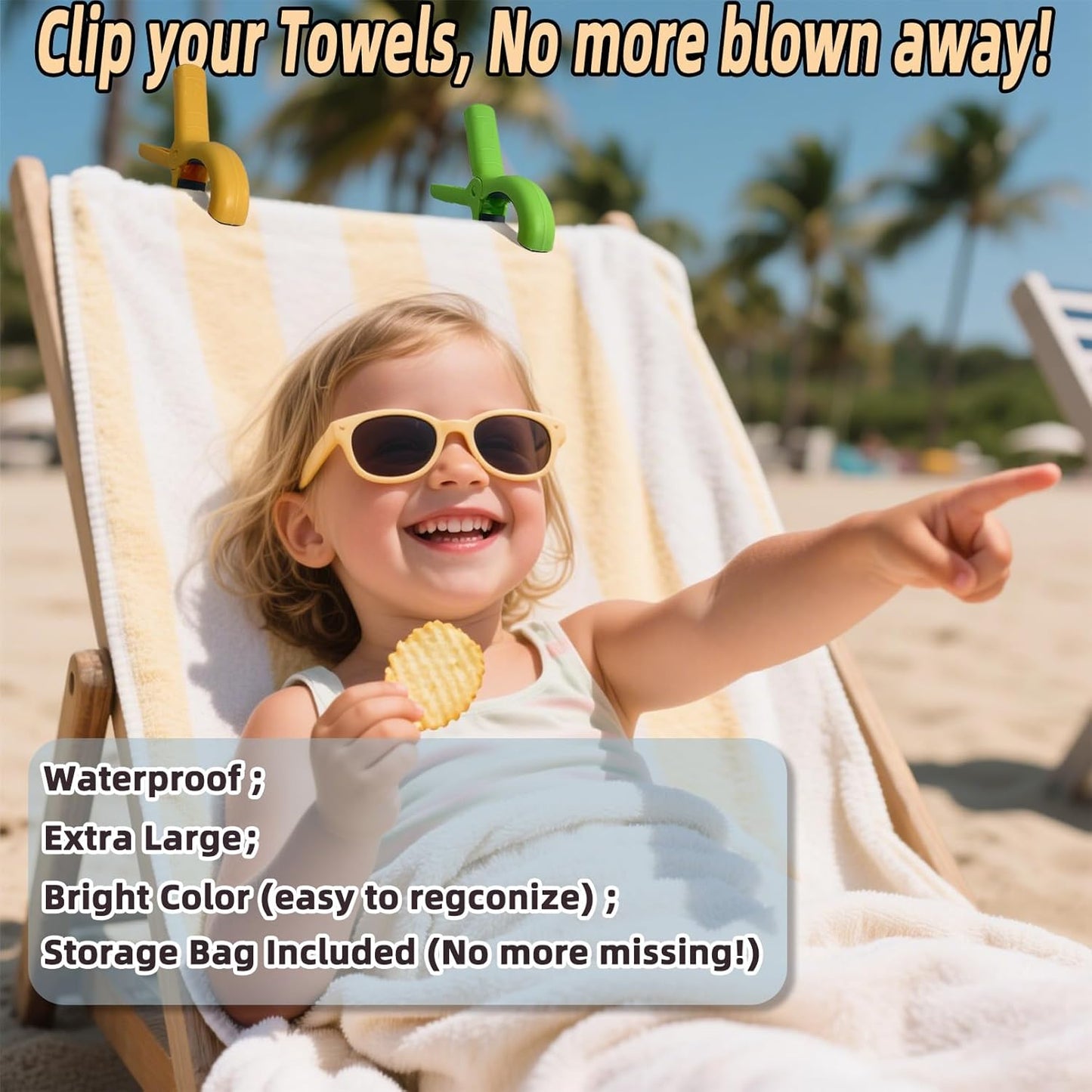 Jumbo Size Beach Towel Clips 8 Pcs, Storage Bag Included, Towel Clamps, Plastic Clothes Pegs Hanging Clamps, Towel Clips for Beach/Pool Cover/Cruise Chairs, Heavy Duty Clothes Pins, Beach Accessories