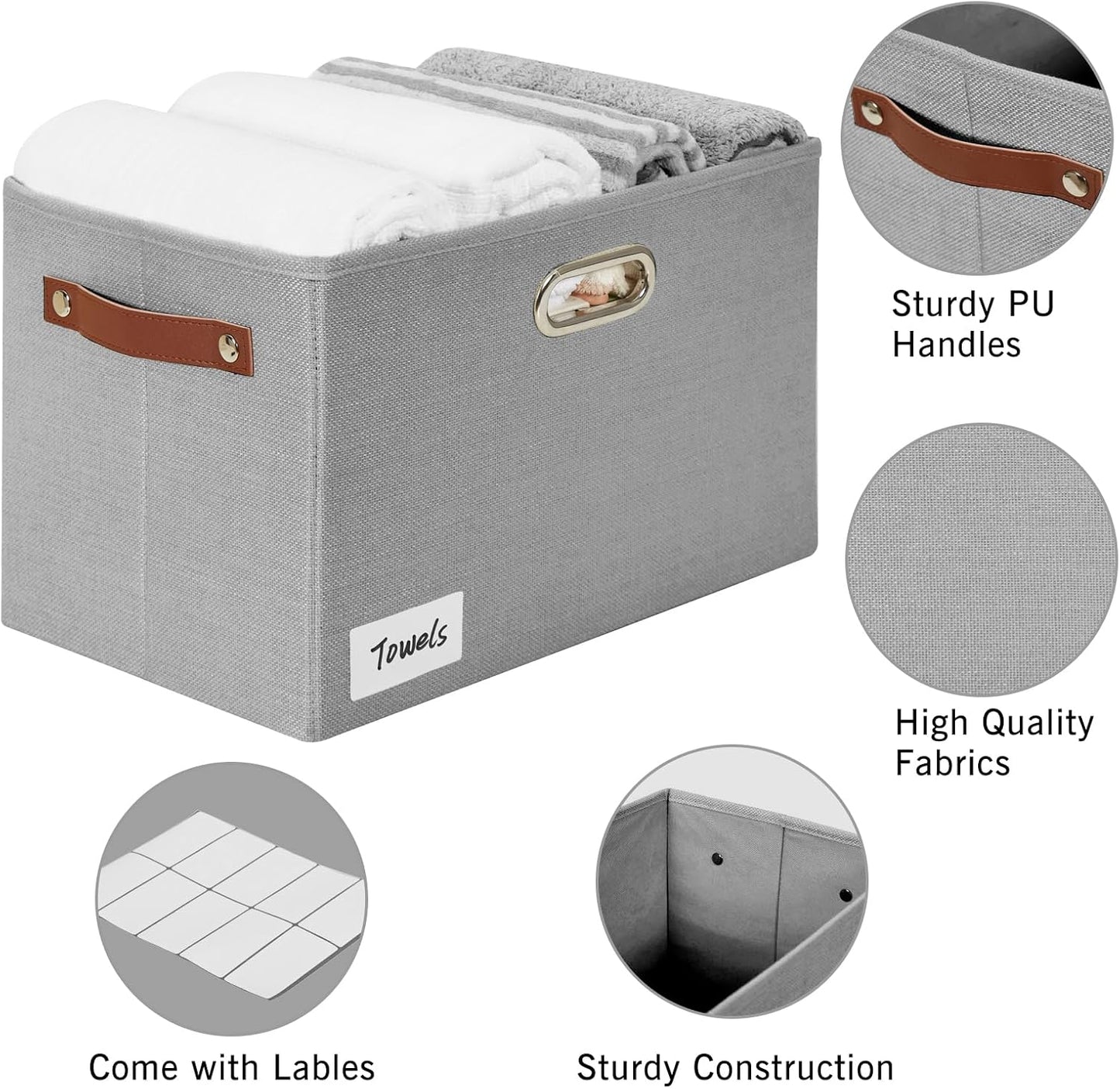 Large 3-Pack Foldable Fabric Storage Bins with Durable PU & Metal Handles, Collapsible Storage Baskets for Shelves, Home Storage, Closet Organizers, Living Room(14.9"x9.8"x9.8", Grey)