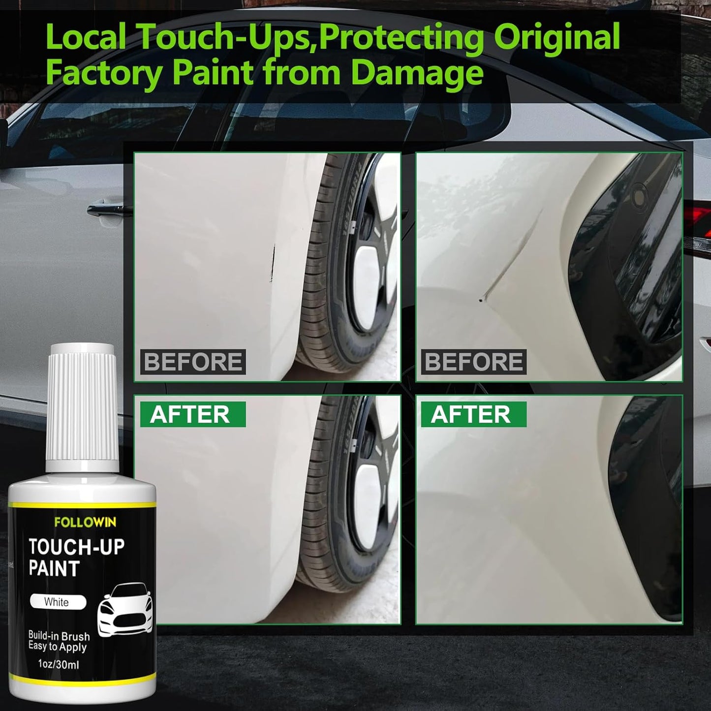 FOLLOWIN White Touch Up Paint for Cars, Car Paint Scratch Repair,Built-in Brush Auto Paints 1OZ(30ml)