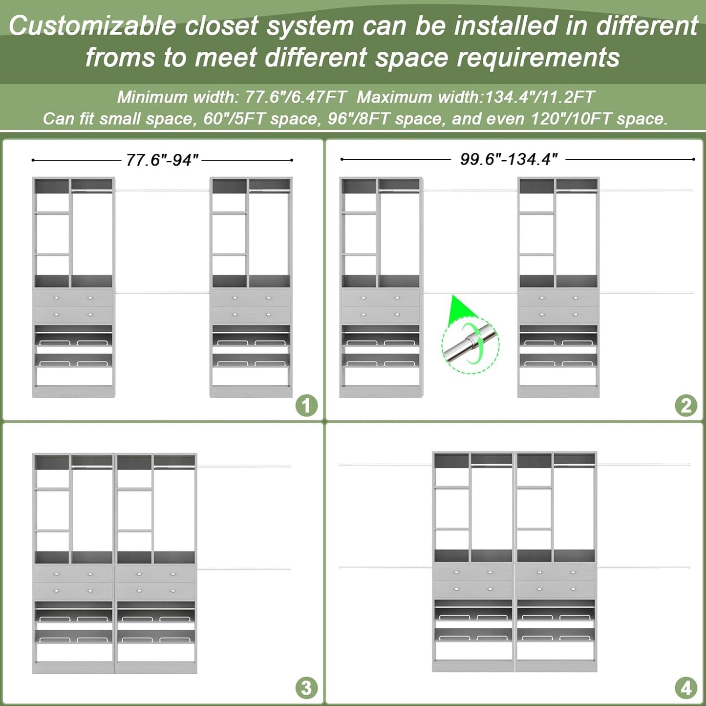 Closet System, Up to 134"/11.2 FT Closet Organizer with 4 Wooden Drawers and Shelves, Walk-in Closet System with 6 Hanging Rods, Built-in Closet Can Fit 96"/8FT, 120"/10FT, Morandi Grey