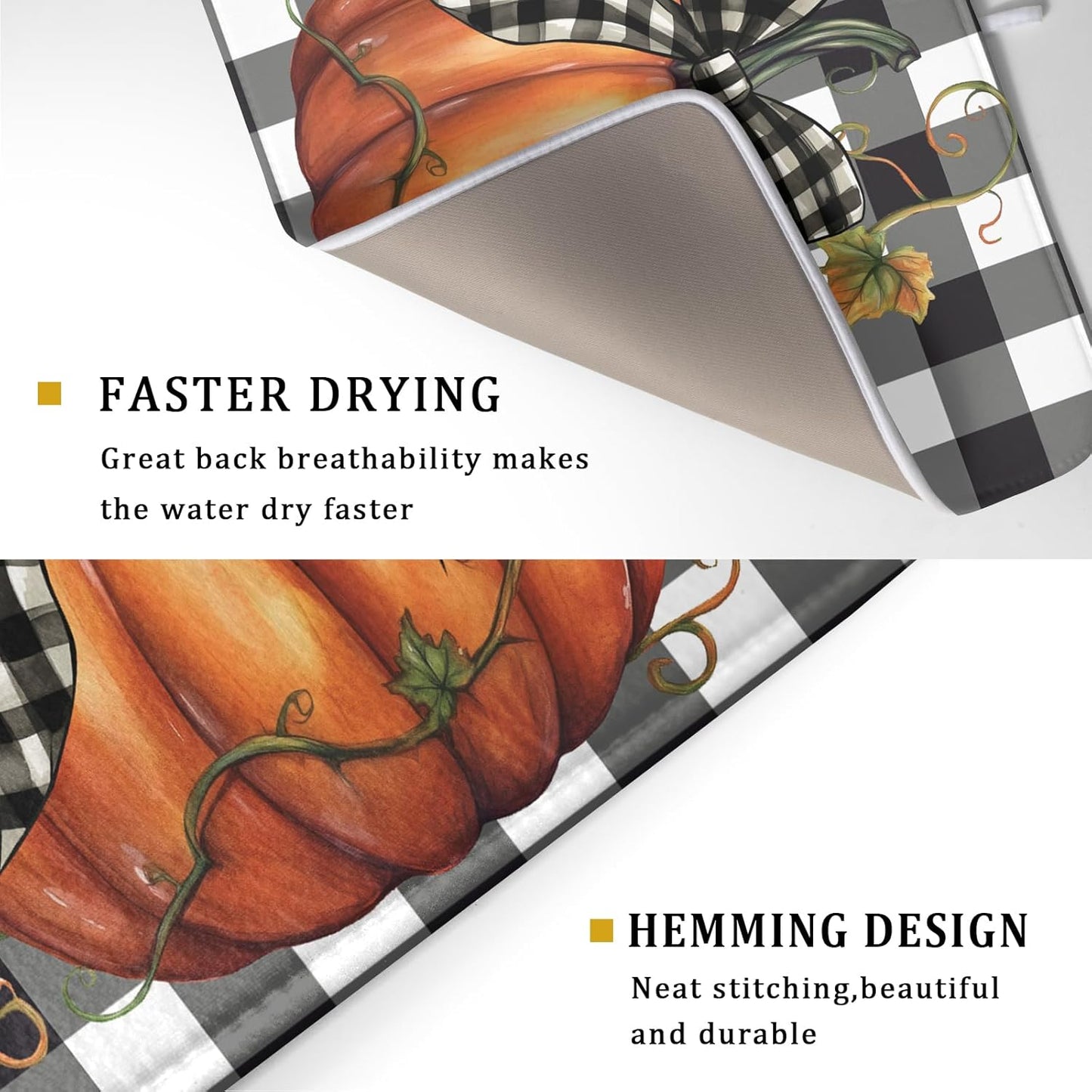 Fall Drying Mats for Kitchen Counter Fall Pumpkin Dish Drying Mat 18 x 24 Inch Autumn Black White Buffalo Check Dish Rack Mat Drainer Pad Thanksgiving Absorbent Microfiber Table Mat for Coffee Bar