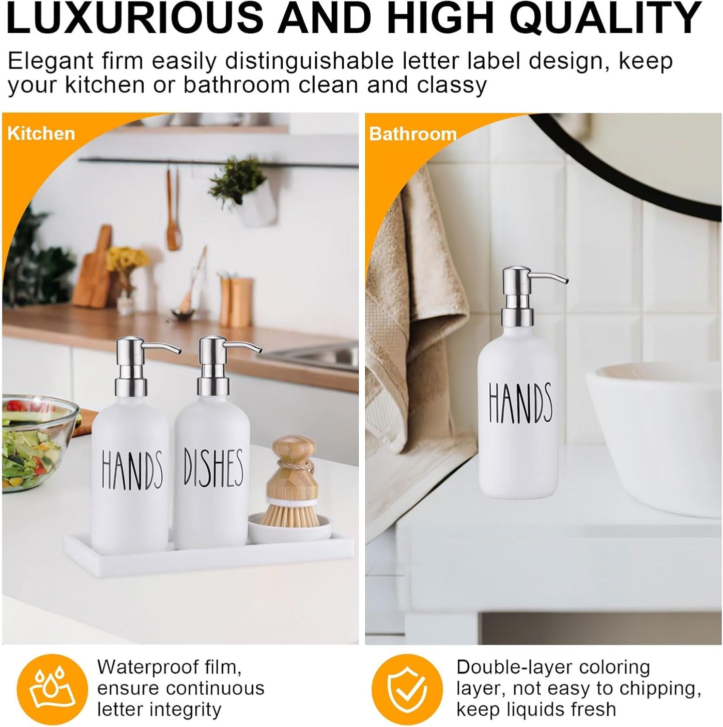 Glass Soap Dispenser for Kitchen,Farmhouse Kitchen Dish Hand Soap Dispenser Set,Rustproof Pump Soap Lotion Dispenser Set with Tray and Dish Brush,Kitchen Decor White-Silver Pump