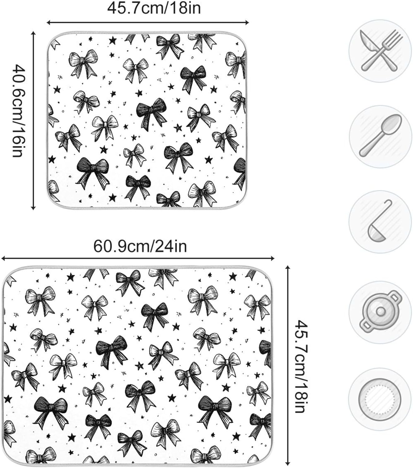 Black White Bowknot Dish Drying Mat for Kitchen Countertop 18x24 Rectangle Bow Large Drying Mat Reusable Quick Dry Dish Sink Absorbent Mats Dishwasher Easy Clean Decorative Home Decor Essentials