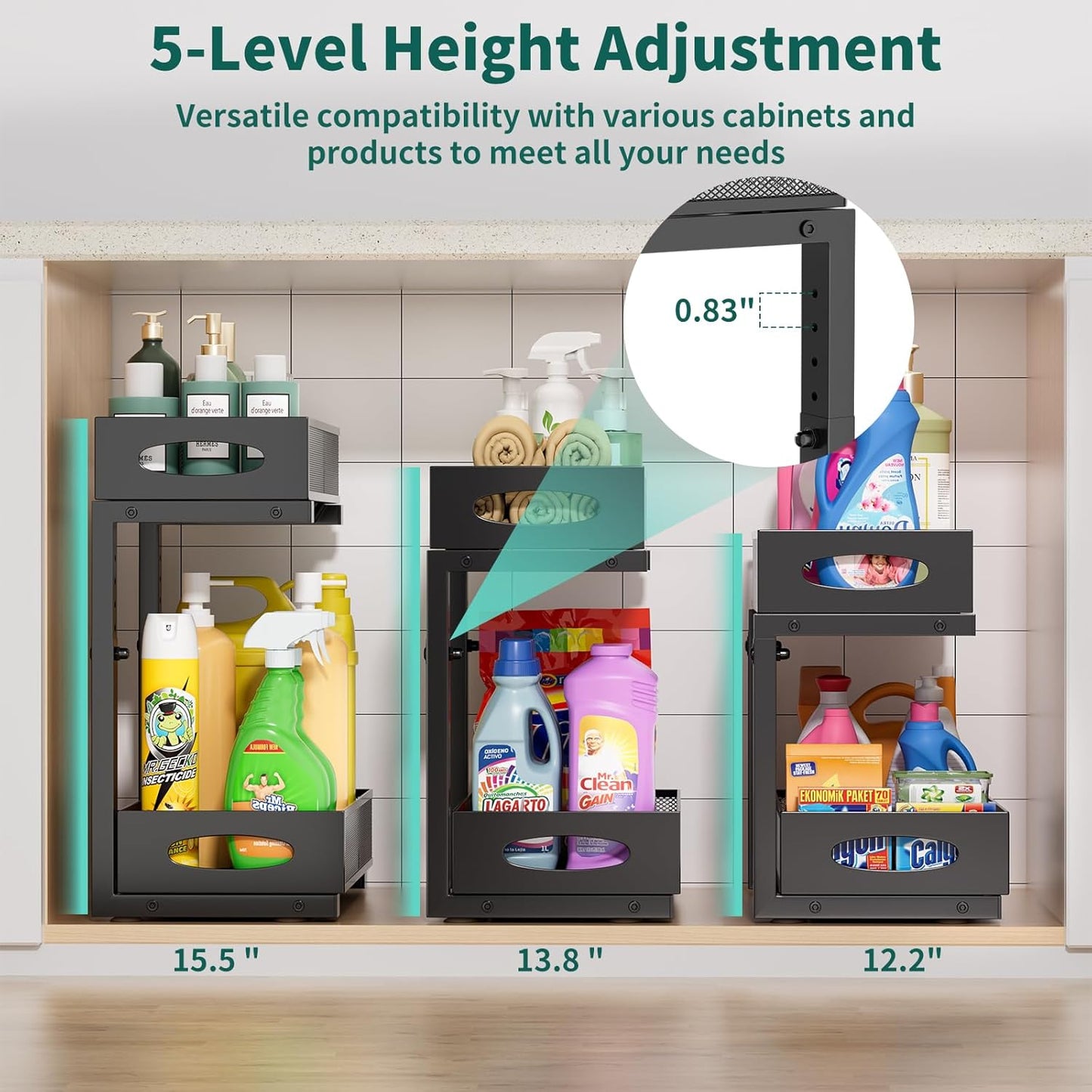 Under Sink Organizer, 1-Pack of 2-Tier Metal Slide Out Pull Out Cabinet Organizer Shelf, Height Adjustable Organization and Storage Series, Bathroom/Desktop/Cabinet/Kitchen organization, Black