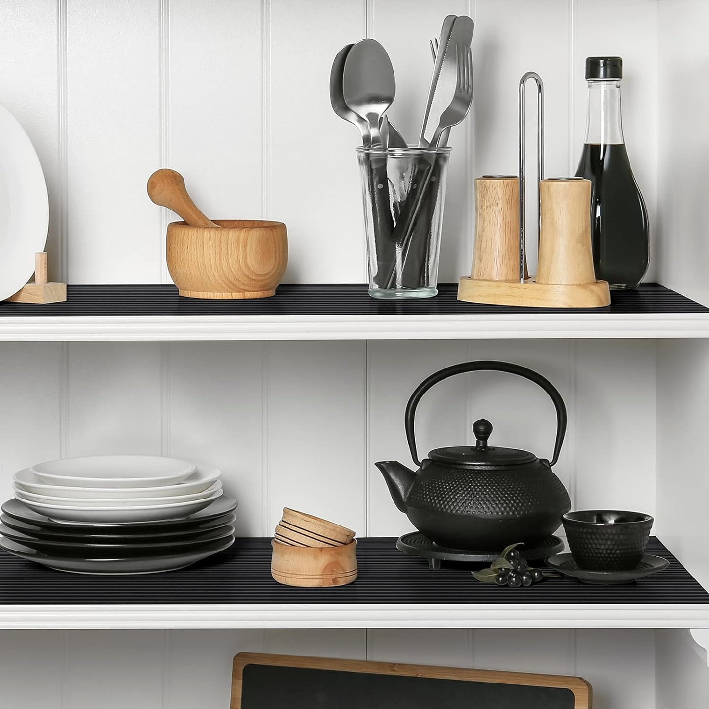 Shelf Liners for Kitchen Cabinets Non Adhesive Drawer Liner EVA Material Cupboard Mat Refrigerator Mats Washable Fridge Liner for Cabinet, Storage and Desks 17.3 x 157.4 Inches Black