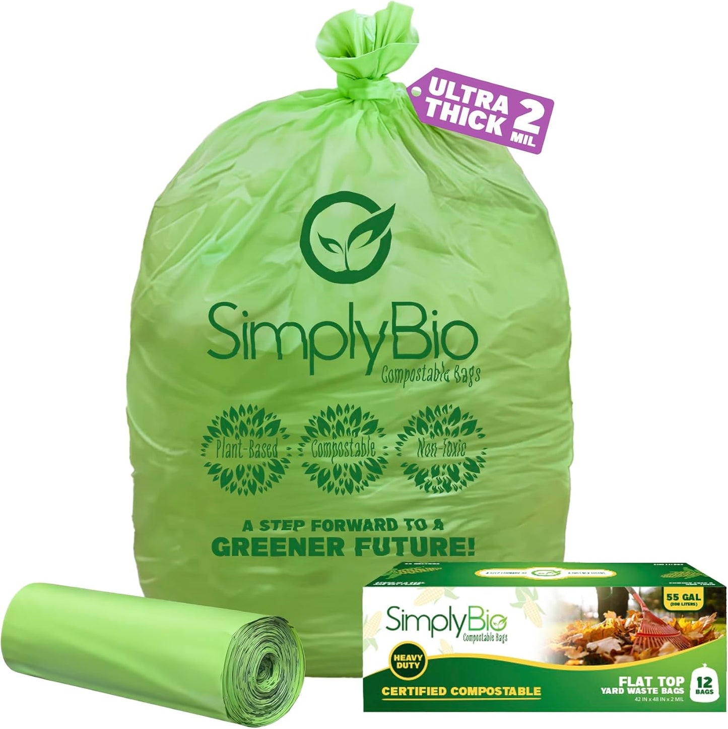 Simply Bio 50-55 Gallon Compostable Trash Bags Liners Flat-Top, Heavy Duty Extra Thick 2 Mil, 208.2 Liter, 12 Bags, Lawn, Yard, and Restaurant Use, ASTM D6400, US BPI, OK Compost Home Certified