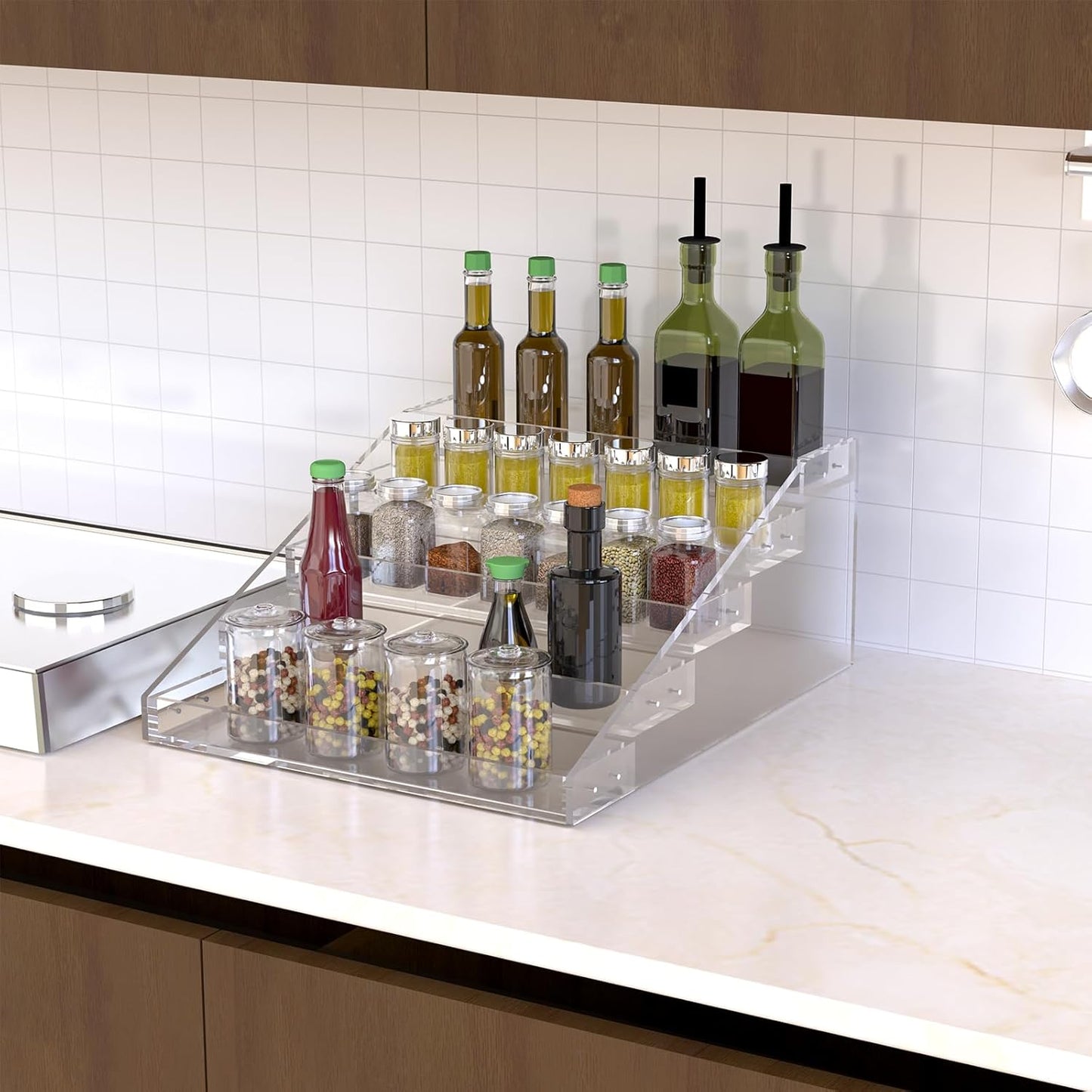 PMMASTO Widen Tiered Spice Rack, Seasoning Organizer, Clear Acrylic Vertical Shelves Can Organizer for Countertop, Cabinet, Pantry, Kitchen Organization and Storage - 5 Tier