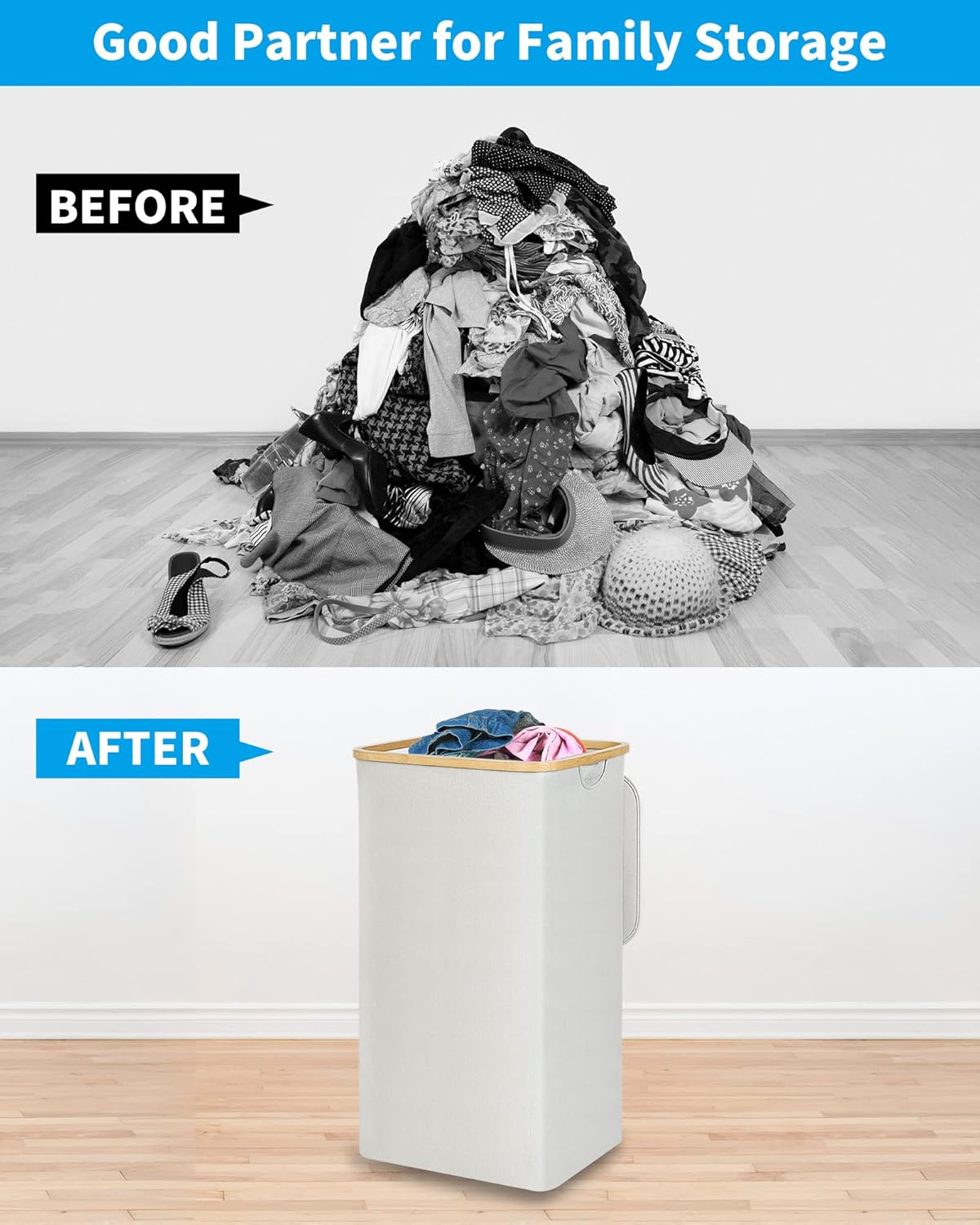 efluky Laundry Basket with Lid and Removable Bag, 100L Tall Laundry Hamper with Bamboo Handles, Aesthetic Dirty Clothes Bin for Laundry Room, Bathroom, Bedroom and Dorm, Light Grey