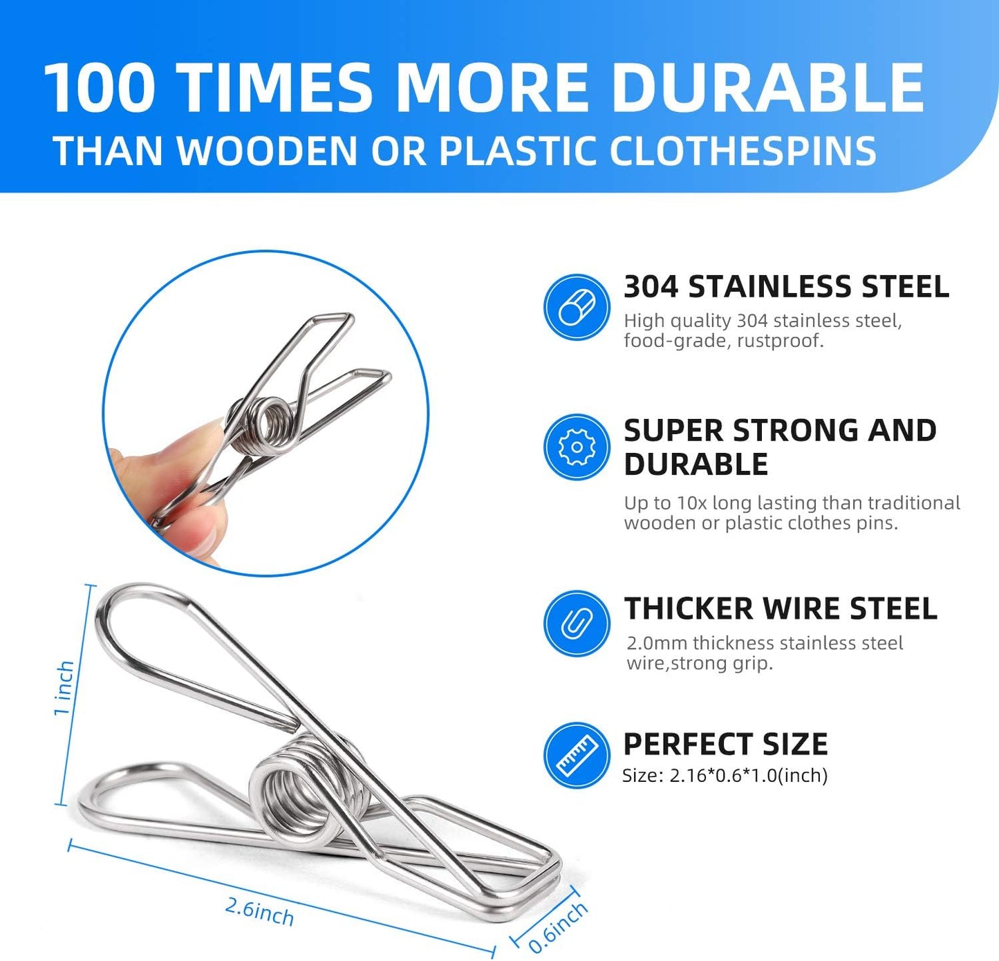 Heavy Duty Clothes Pins for Hanging Clothes, Stainless Steel Clothespins for Landry, Metal Clothes Clips, Clothes Pegs