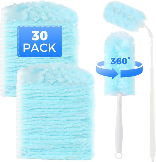 30 PCS Disposable Dusters Refills, 360 Degree Microfiber Duster Refills Kit with Extended Handle, Electrostatic Disposable Duster for Cleaning (1 Long Handle + 1 Short Handle + 30 Refills)