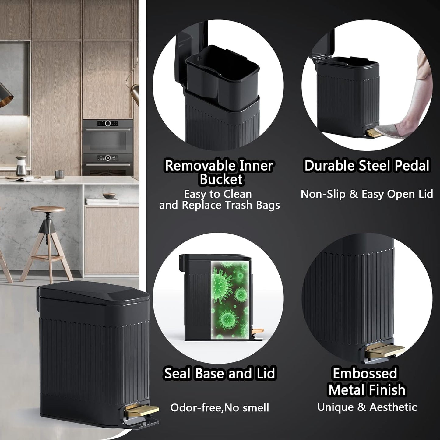 CEROELDA Small Bathroom Trash Can with Lid Soft Close-5L/1.3 Gal Slim Garbage Can-Metal Step Wastebasket-Rectangle Narrow Waste Bin for Office, Bedroom, Toilet, Live Room (Embossed-Black)