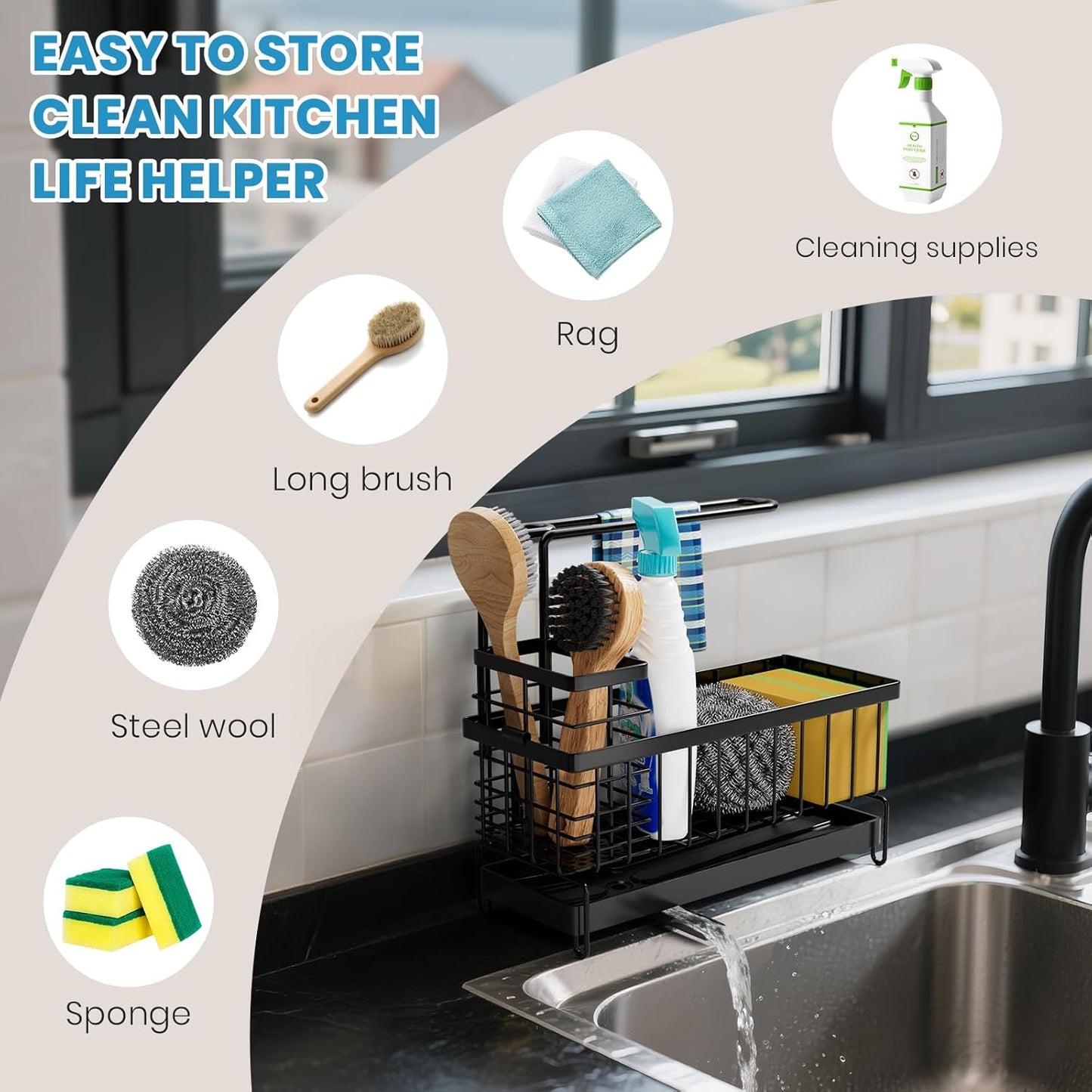 Kitchen Sink Caddy, Sponge Holder with 360 Degree Rotating Drain, Carbon Steel Organizer with High Brush Holder Rustproof, Sink Caddy Organizer for Kitchen Gadgets and Decor