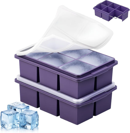 Large Ice Cube Trays for Whiskey (2 Pack) - Silicone Ice Cube Molds with Steel Frame Reinforcement & Lid, 2-Inch Square Ice Cubes for Whisky, Cocktails, Coffee, Tea - Easy Release