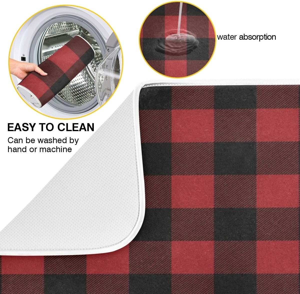 Red and Black Buffalo Plaid Dish Drying Mat 16x18 for Kitchen Merry Christmas Winter Xmas Dishes Pad Dish Drainer Rack Mats Absorbent Fast Dry Kitchen Accessories