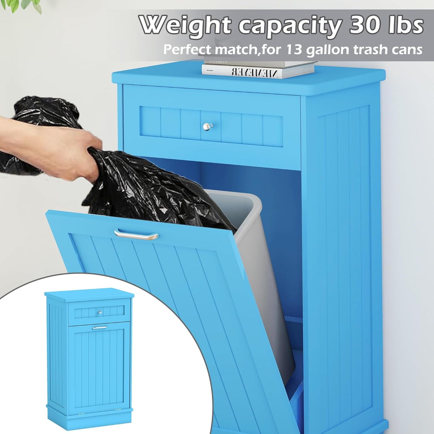 Betterhood Tilt Out Trash Cabinet 10 Gallon Wooden Free Standing Laundry Sorter Cabinet,Recycling Cabinet with Hideaway Drawer,Tilt Out Trash Cabinet Can Bin Kitchen (Single Light Blue, Single Dooor)