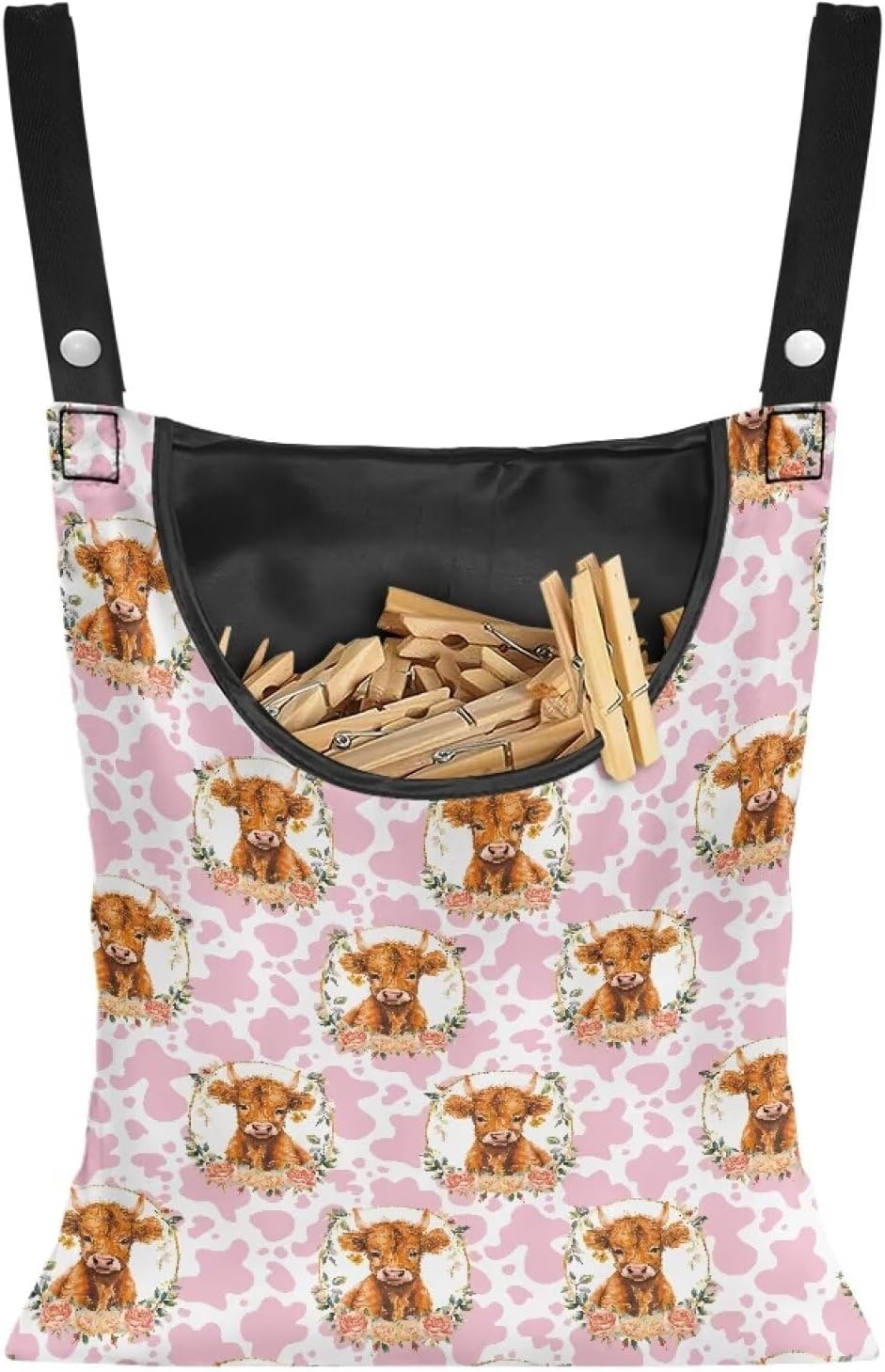 Cattle Clothespin Bags with Hanging Rope Pink Cow Print 14.5 x 12 Inch Summer Waterproof Laundry Clothes Pin Holder Clothespin Storage Organizer with Large Opening