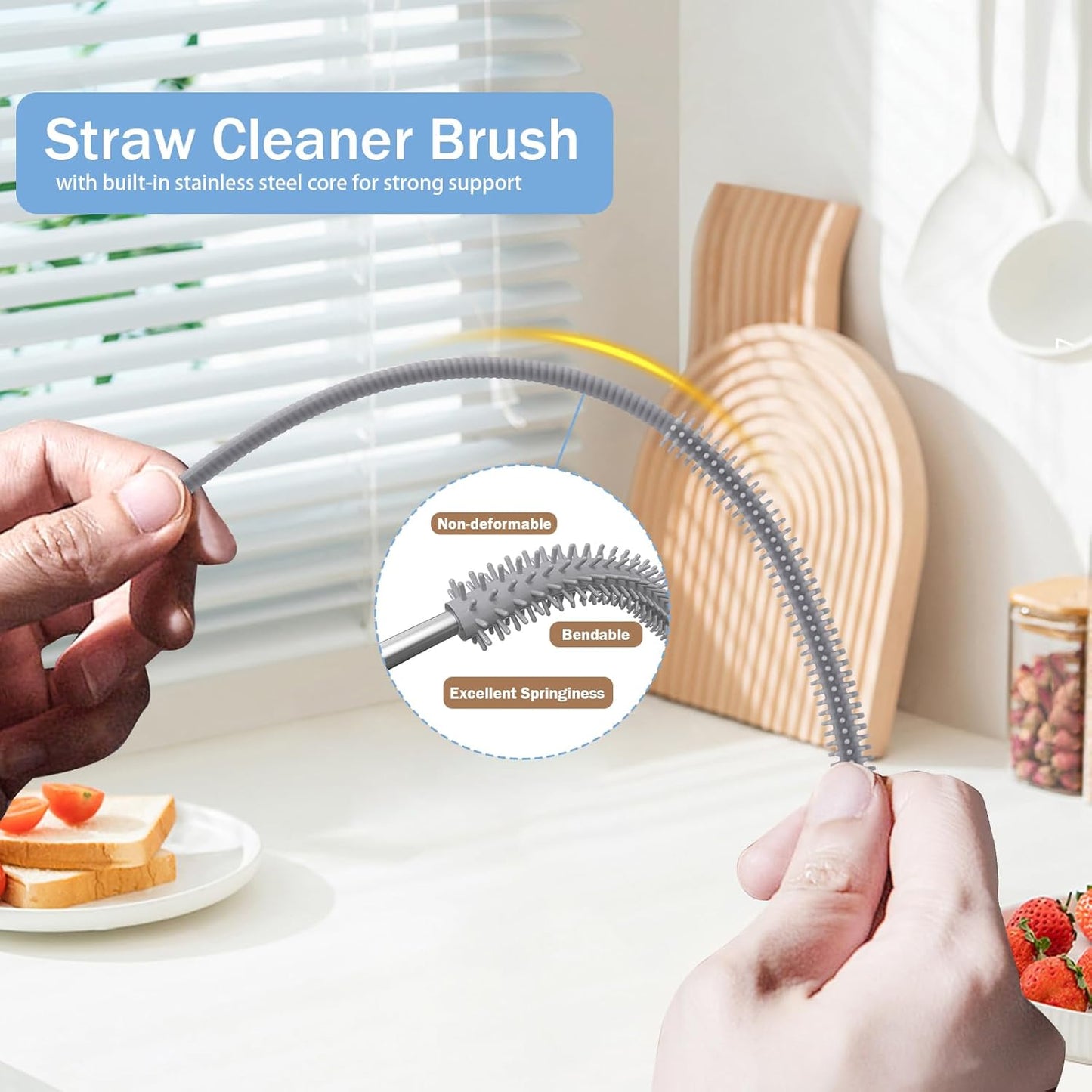 2Pcs Silicone Straw Cleaner Brush, 9.84in Reusable Straw Cleaner with Bendable Steel Core, Extra Long Soft Bottle Brush for Clearing Glass Straws, Smoothie Straws, 9mm&6mm (Gray)