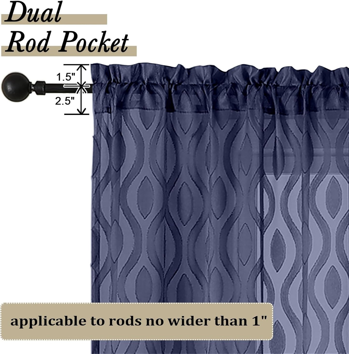 Aiyufeng Navy Curtains 45 Inch Length 2 Panels Set, Farmhouse Soft Airy Lightweight Clip Jacquard Textured Curtains, Chic Wavy Line Window Curtains for Bedroom Living Room, 40" Wx45 L Inches