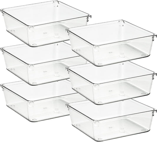 Ravinte 6 Pack Drawer Organizer - 6" X 6" Plastic Storage Bins, Acrylic Organizers with Non-Slip Pads Clear Desk Storage Tray for Makeup, Jewelries, Kitchen Utensils, Bathroom and Office