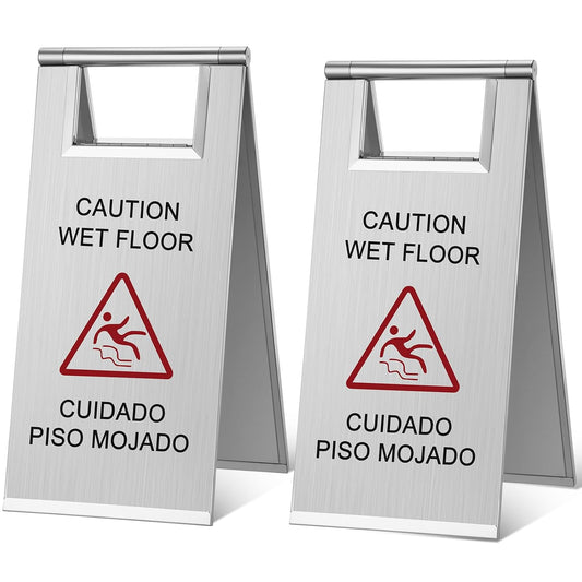 Kigley 2 Pcs Wet Floor Sign, 17 Inch Stainless Steel Caution Wet Floor Sign Double Sided Portable Foldable Bilingual Safety Warning for Hotel Market Restroom Restaurant Office (Silver)