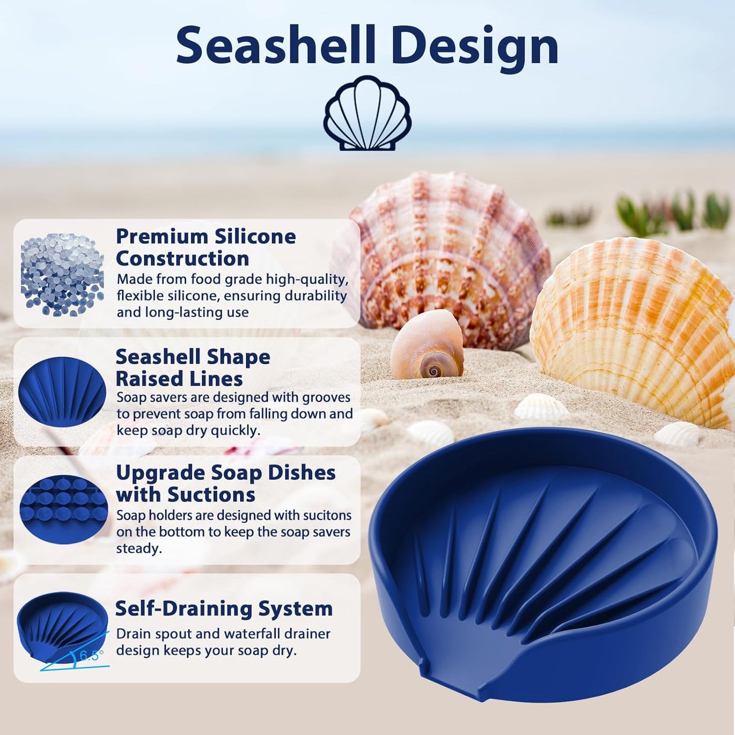 Self Draining Soap Dish, Silicone Suction Cup Soap Holder Tray Savers Container Sponge Holder for Bar Bathroom Shower Kitchen Sink, Can Extend Soap Life (1, Royal Blue)