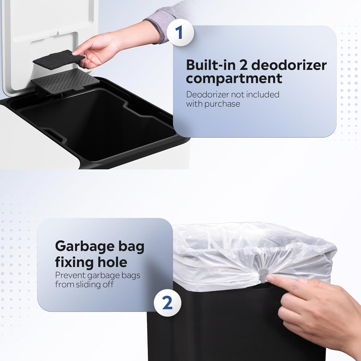 WLIVE Dual Trash Can, 2 x 8 Gallon (2 x 30 L), Step Trash Can with Lid with Inner Buckets, 2 Compartment, Heavy-Duty Stainless Steel Gabage Can for Kitchen with 15 Trash Bags, White