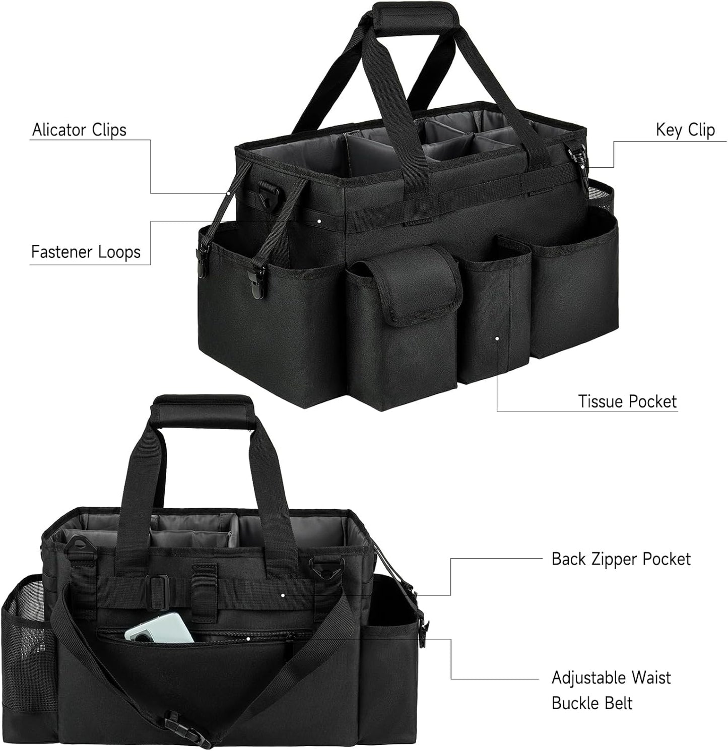 Cleaning Caddy Bag,Large Cleaning Supplies Organizer with Handle for Housekeepers, Black