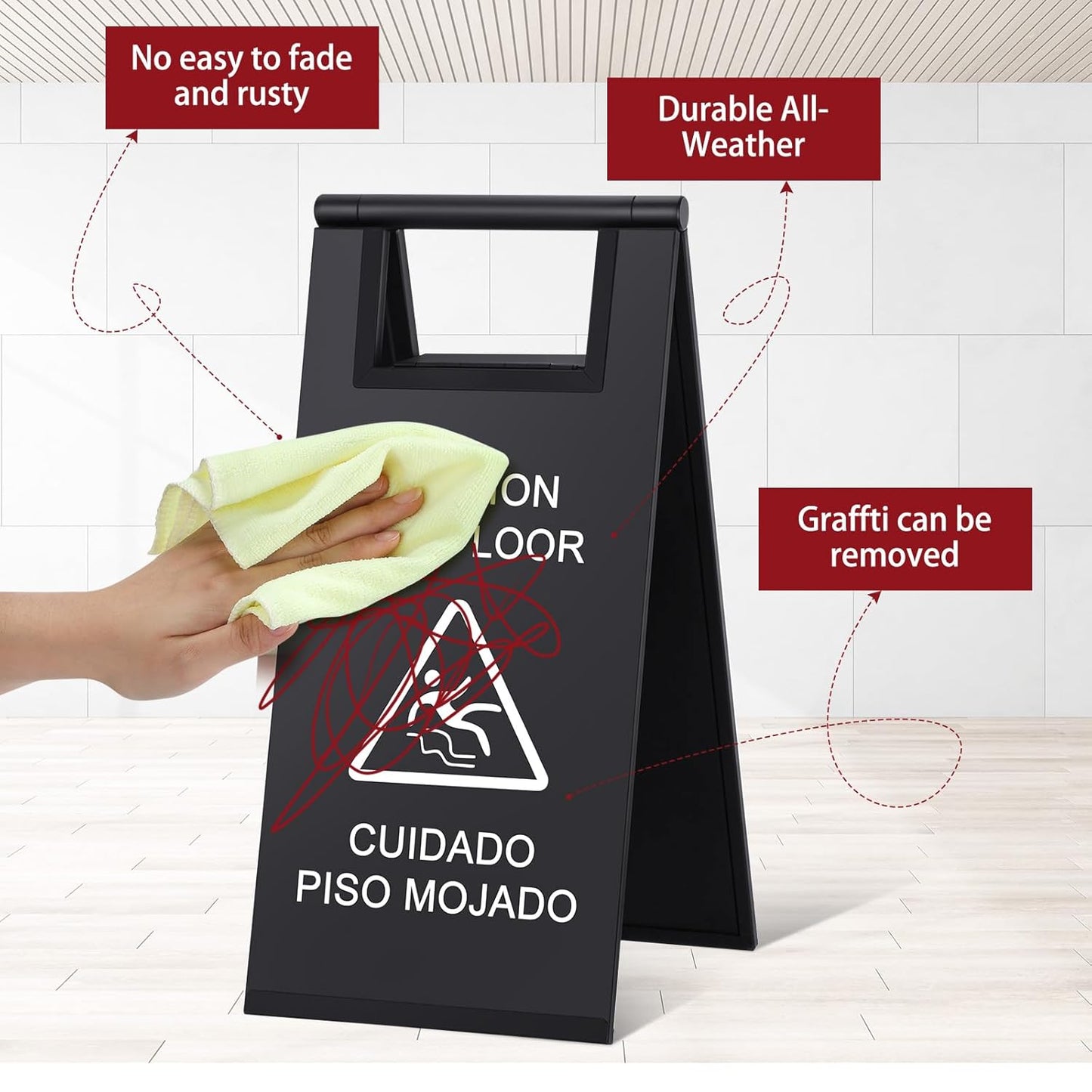 Kigley 2 Pcs Wet Floor Sign, 17 Inch Stainless Steel Caution Wet Floor Sign Double Sided Portable Foldable Bilingual Safety Warning for Hotel Market Restroom Restaurant Office (Black)