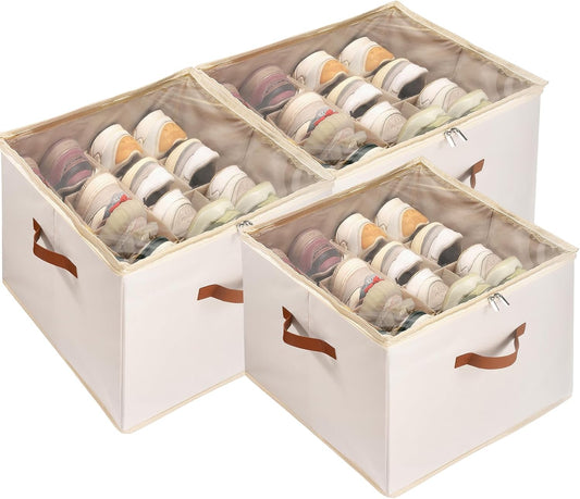 Shoe Organizer for Closet, 3 Pack Shoe Storage Bins with Clear Cover, Adjustable Dividers Fits 24-48 Pairs, Beige