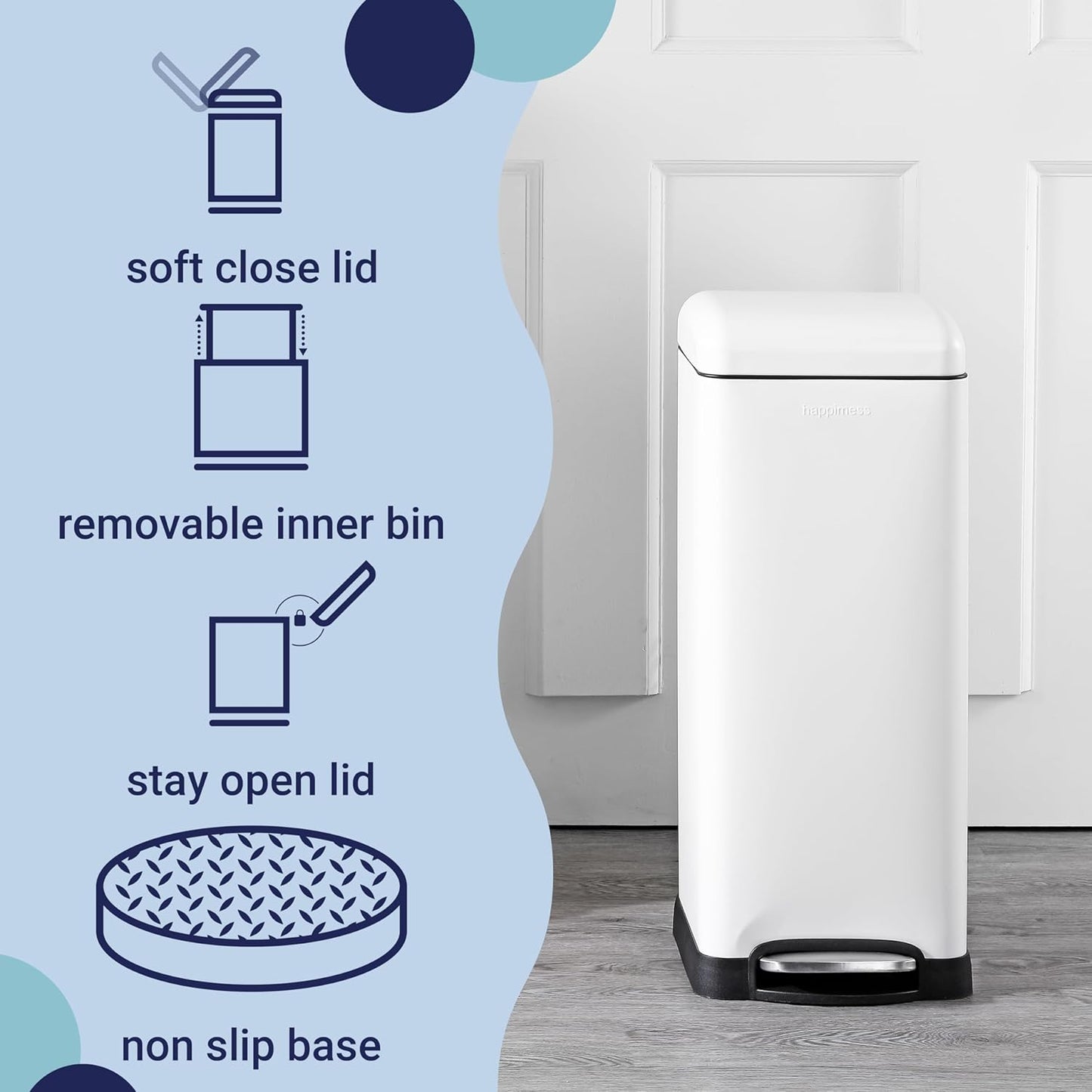 happimess HPM1007A Betty Retro 8-Gallon Step-Open Trash Can with Soft-Close Lid, Fingerprint Resistant, Modern, Minimalistic for Home, Kitchen, Laundry Room, Office, Bedroom, Bathroom, White