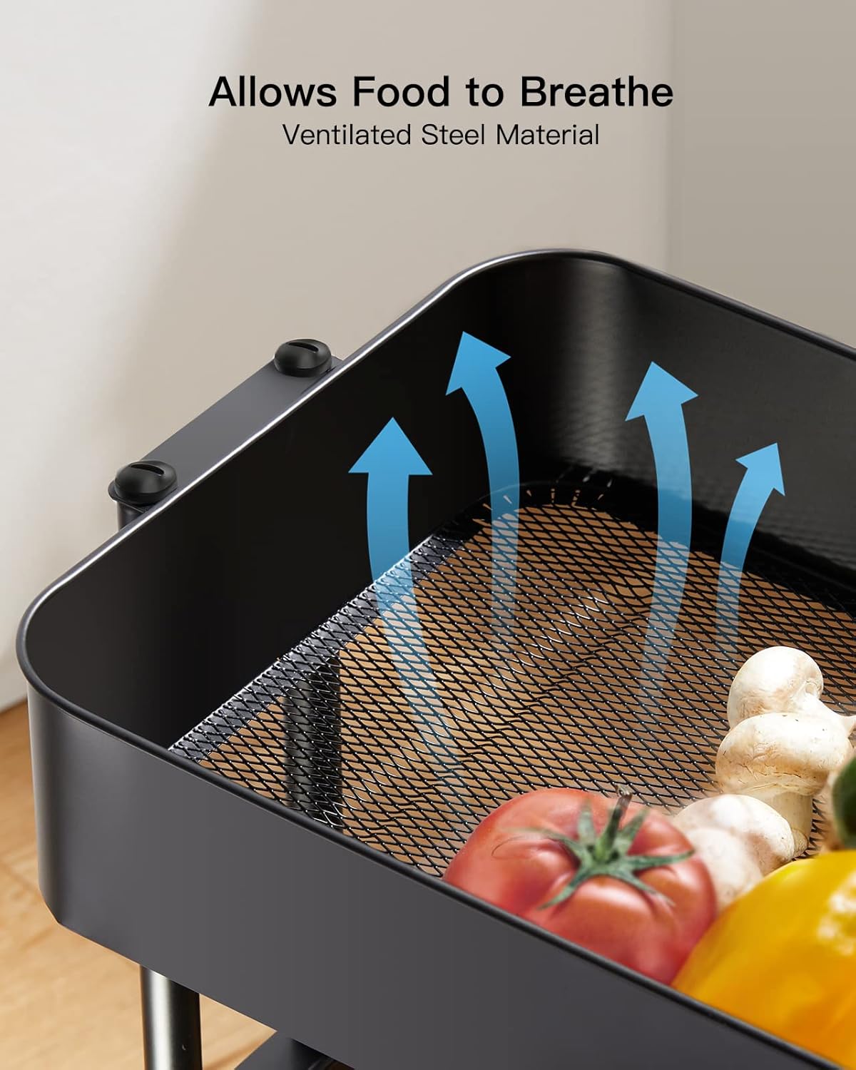 Pipishell 3 Tier Metal Rolling Utility Cart, Heavy-Duty Storage Rolling Cart with 2 Lockable Wheels, Multifunctional Mesh Organization Utility Cart for Kitchen Dining Room Living Room (Black)