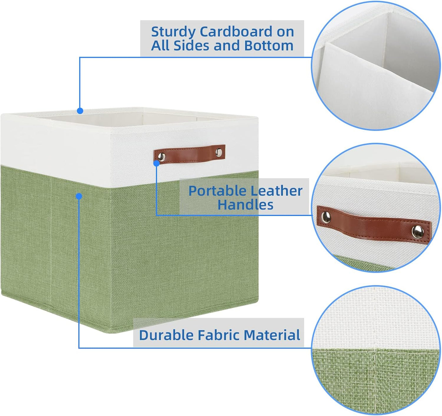 Temary 13 Inch Cube Storage Bin 4 Pack Fabric Storage Cubes Fabric Storage Bin for Shelf, Cube Storage Basket with Leather Handles(White&Green)