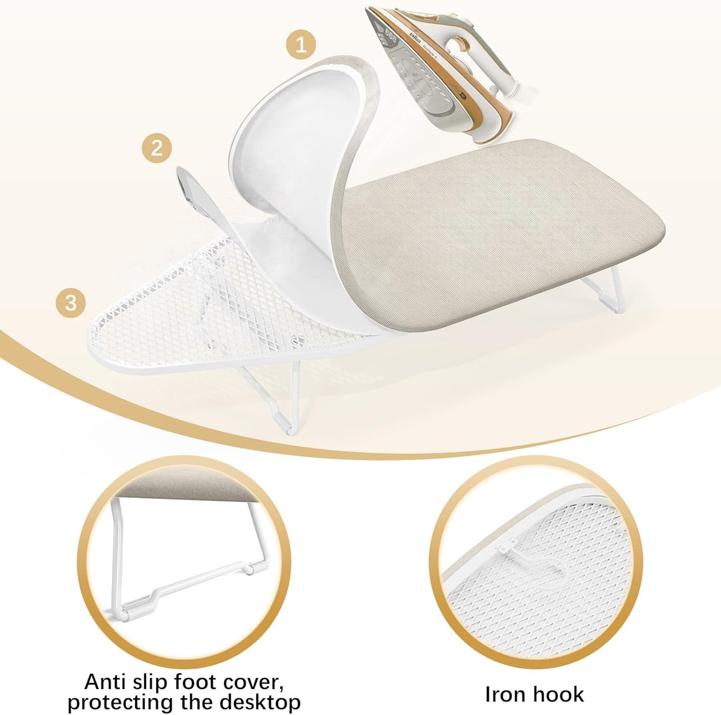 Small Ironing Board Tabletop with Heat Resistant Cover, Compact Mini Ironing Board with Metal mesh Frame, for dorms, aprtment and Travel, Hook for Hanging, Iron Board 30x12, Iron Table Stand Beige
