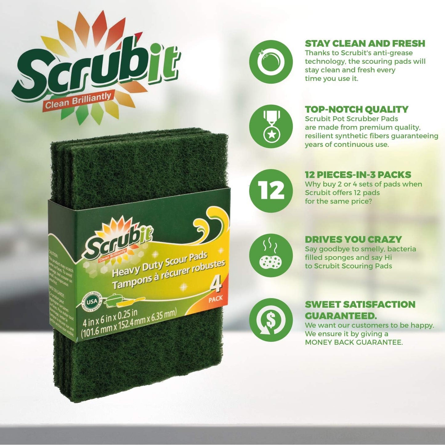 Scouring Pads - Heavy Duty Household Cleaning Scrubber with Non-Scratch Anti-Grease Technology - Reusable Scrubbing Pads – Green, 24 Pack