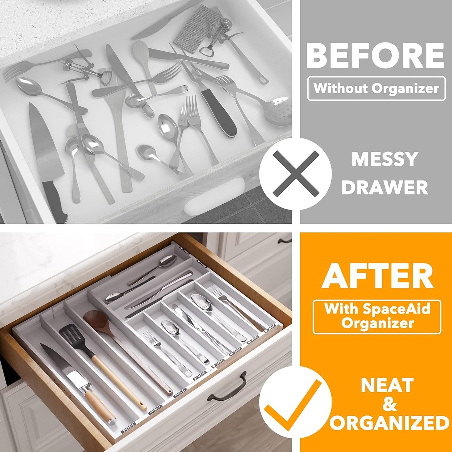 SpaceAid Bamboo Silverware Drawer Organizer with Labels, Kitchen Utensil Expandable Tray Holder Organizer for Flatware, Cutlery, Spoon and Knives Drawer Storage Organization (White, 10 Slots)