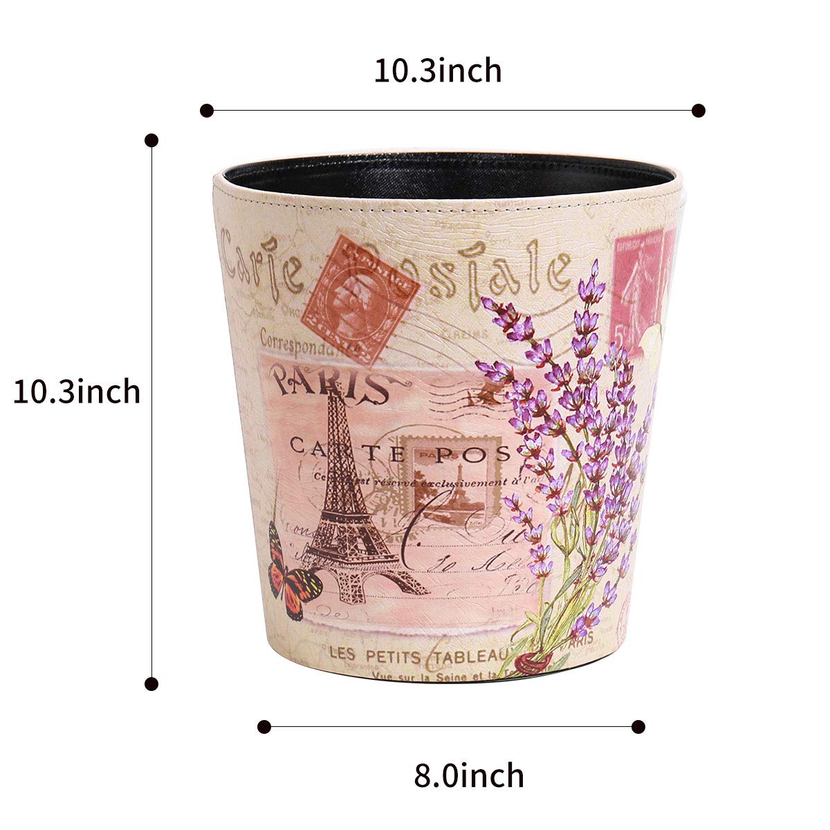 PU Leather Small Trash Can Wastebasket, Round Garbage Container Basket for Bathrooms, Laundry Room, Kitchens, Offices, Kids Rooms, Bedrooms,Dorms,Home Decorative Art Bin, 2.9 Gallon(Lavender Design)