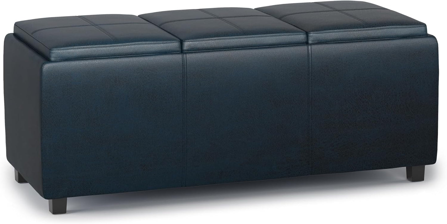 SIMPLIHOME Avalon 42 inch Wide Contemporary Rectangle Storage Ottoman in Distressed Dark Blue Vegan Faux Leather, Assembled, for the Living Room, Entryway and Family Room